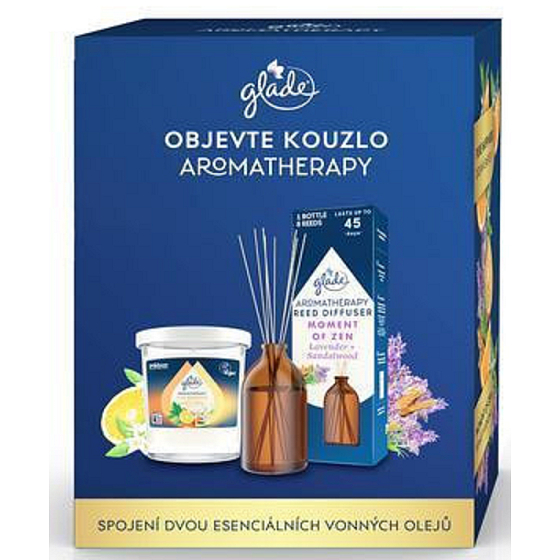 Glade Aromatherapy Pure Happiness vonná svíčka 170 g + Moment of Zen difuzér s tyčinkami 80 ml, dárková sada